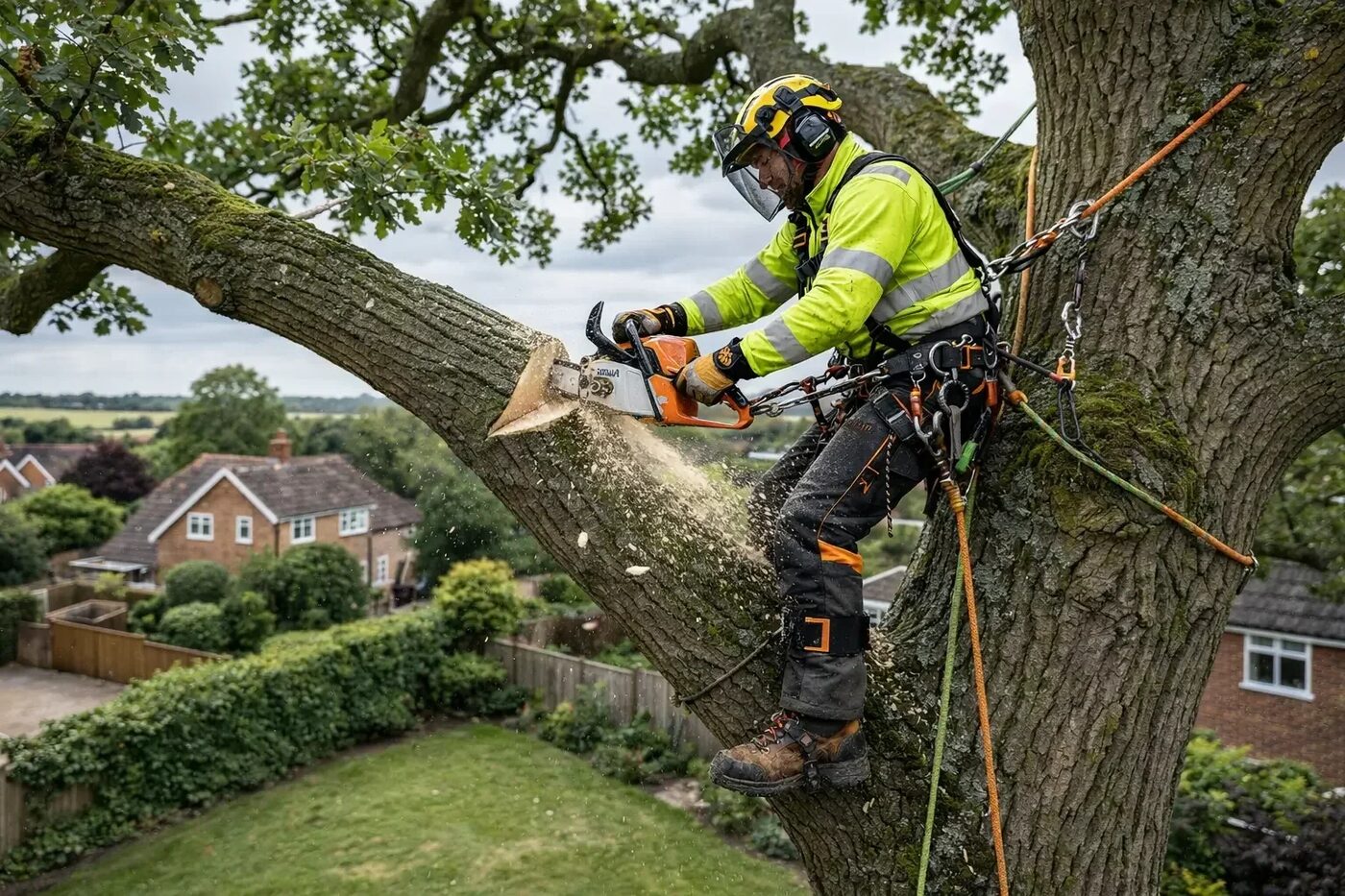 Professional tree surgeon dead-wooding a large tree over a garden